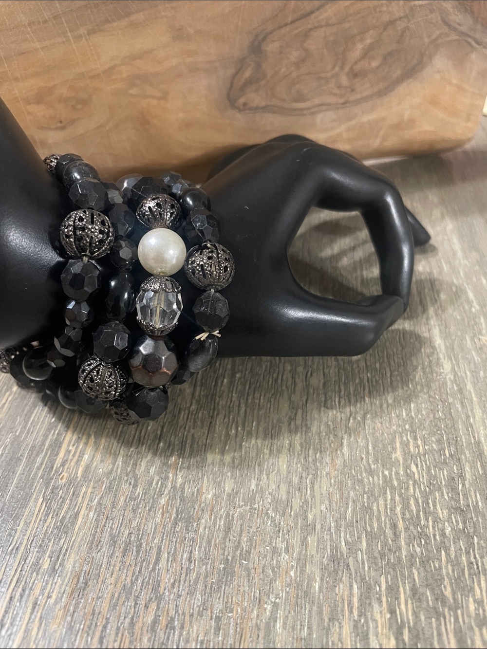 Elegant Black Beaded Stretch Bracelet Stack with Pearl Accent